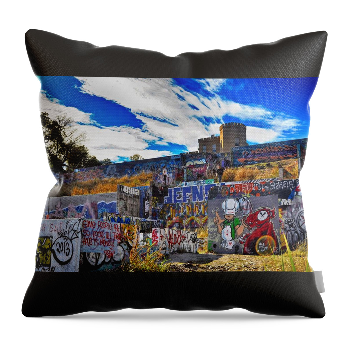 Colorful Throw Pillow featuring the photograph Austin Castle and Graffiti Hill by Kristina Deane