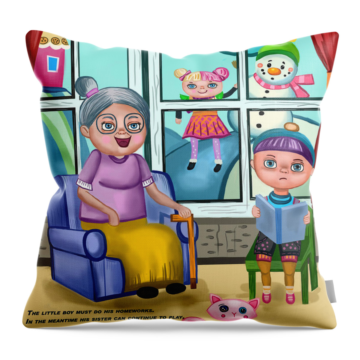 Baby Throw Pillow featuring the painting Cat and boy by Bogdan Floridana Oana