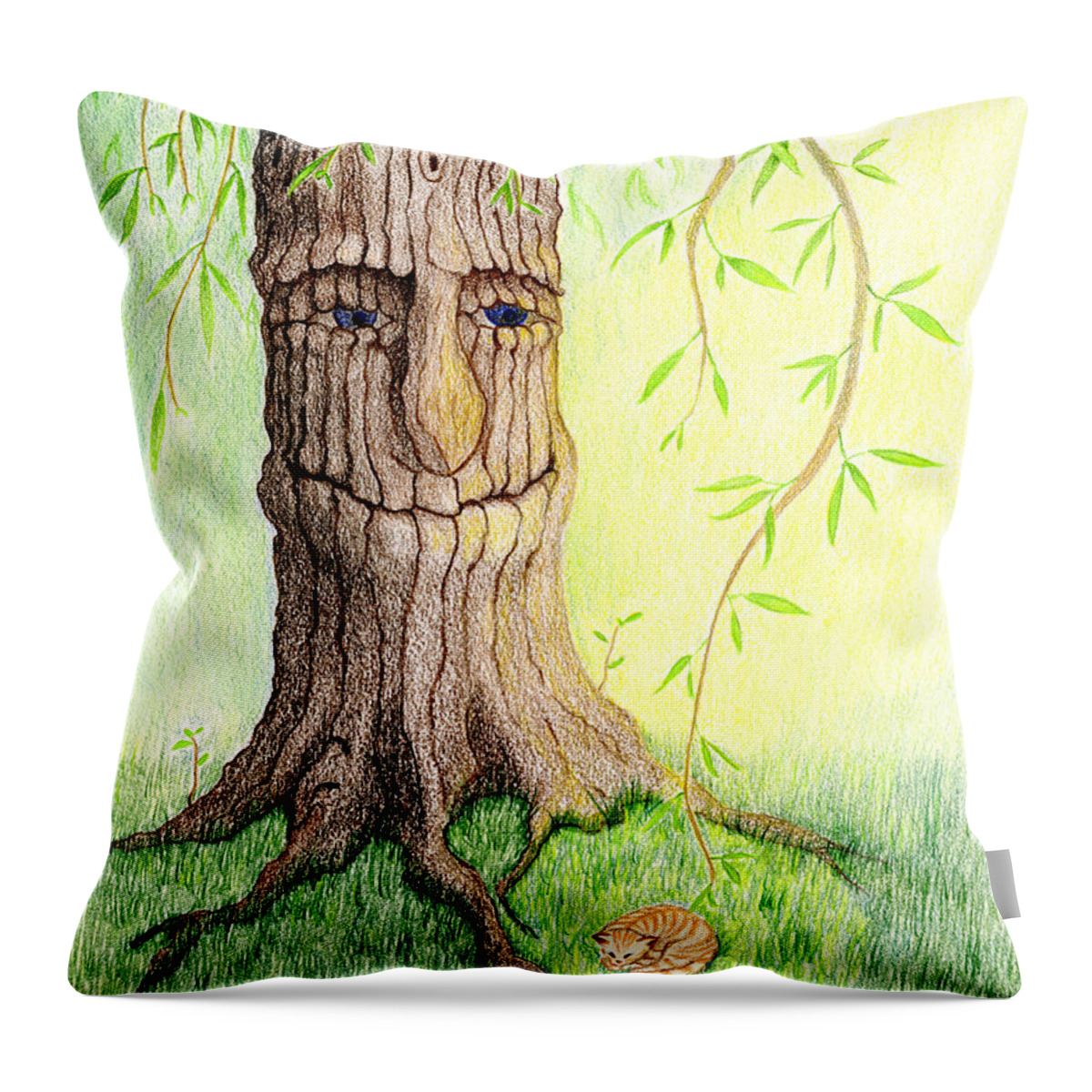 Ginger Kitten Throw Pillow featuring the drawing Cat and Great Mother Tree by Keiko Katsuta