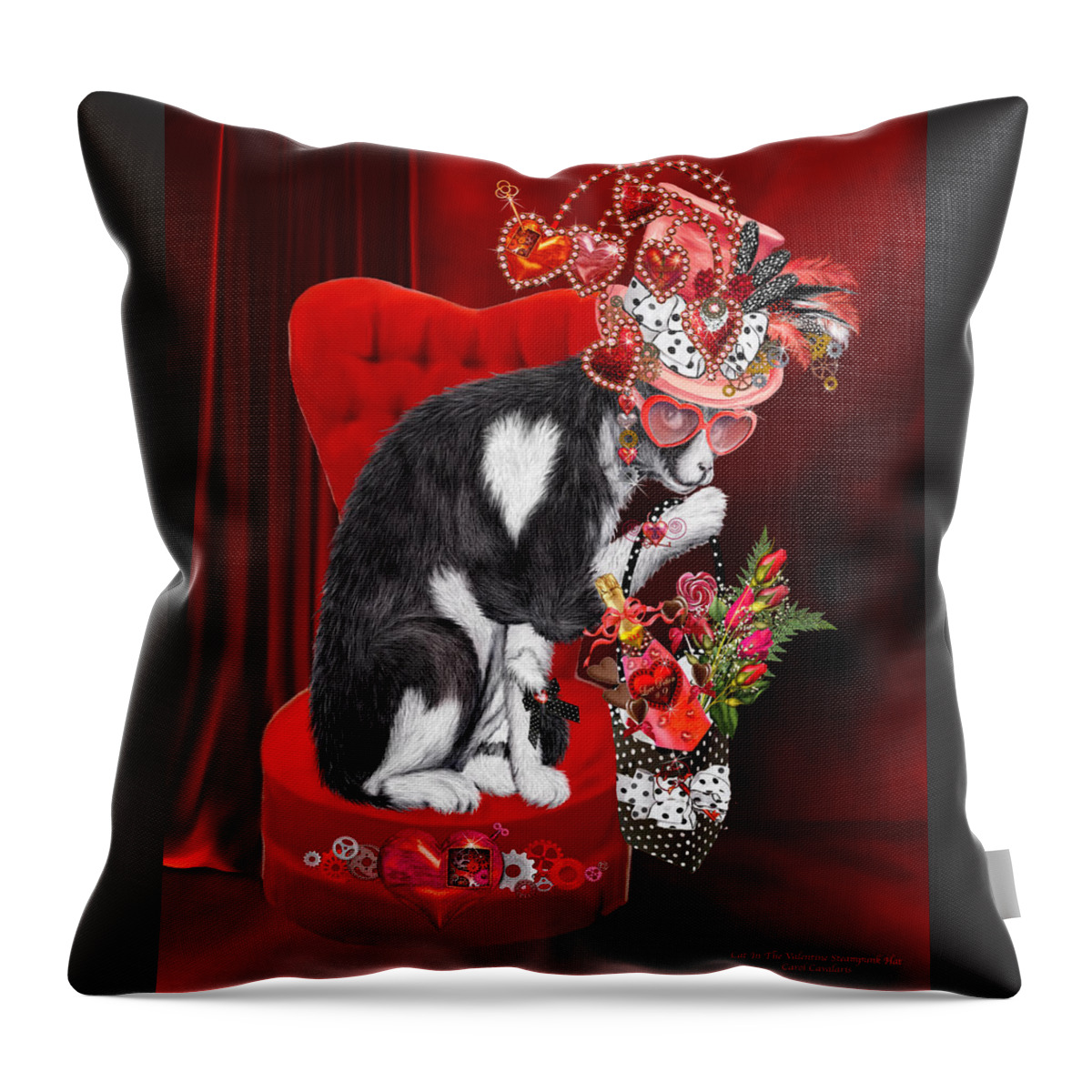 Cat Throw Pillow featuring the mixed media Cat In The Valentine Steam Punk Hat by Carol Cavalaris