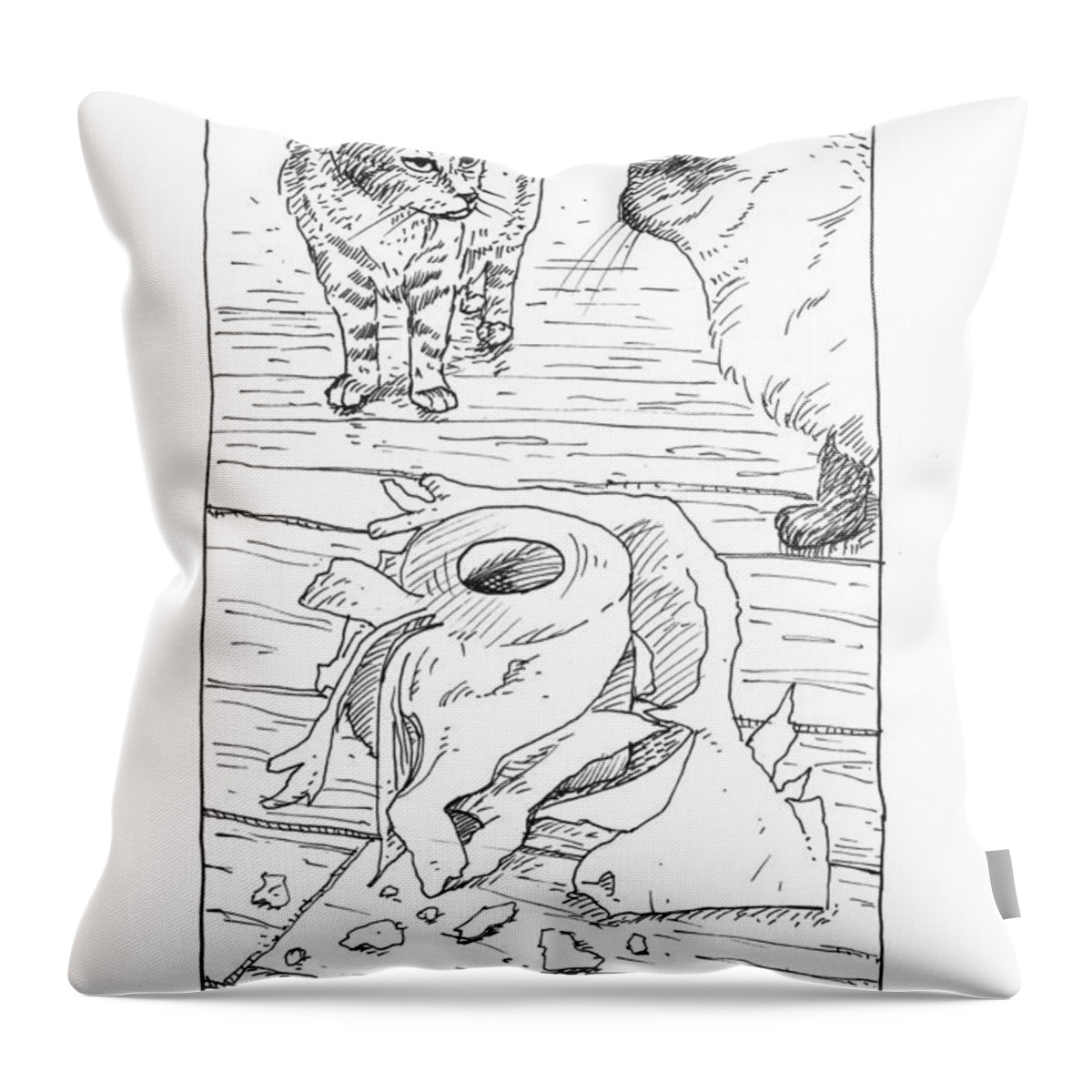 Cat Kitten Kittens Cats Humor Cartoon Funny Ink Illustration Paper Art Throw Pillow featuring the painting Cat v Toilet Roll by Steve Hunter