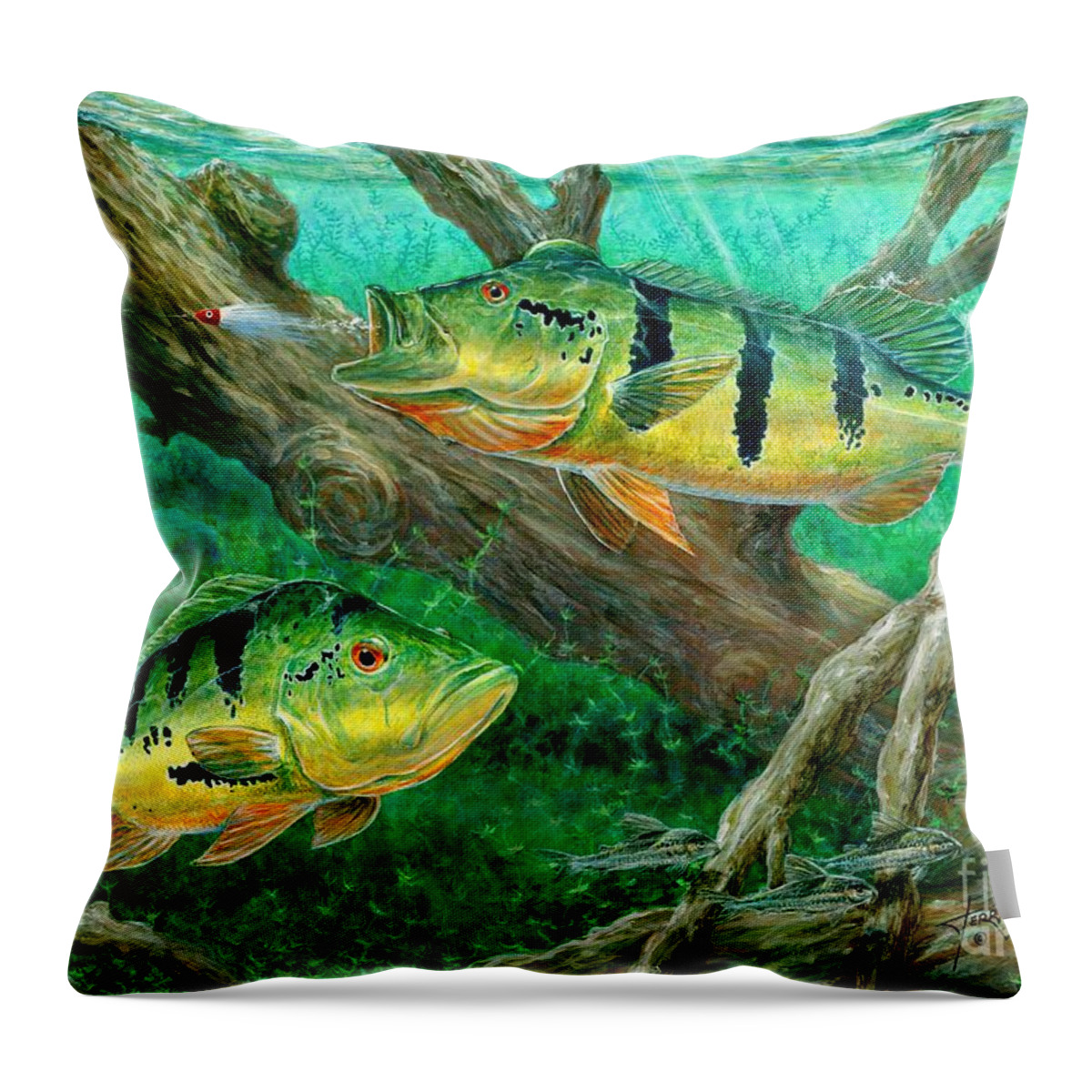 Peacock Bass Throw Pillow featuring the painting Catching Peacock Bass - Pavon by Terry Fox