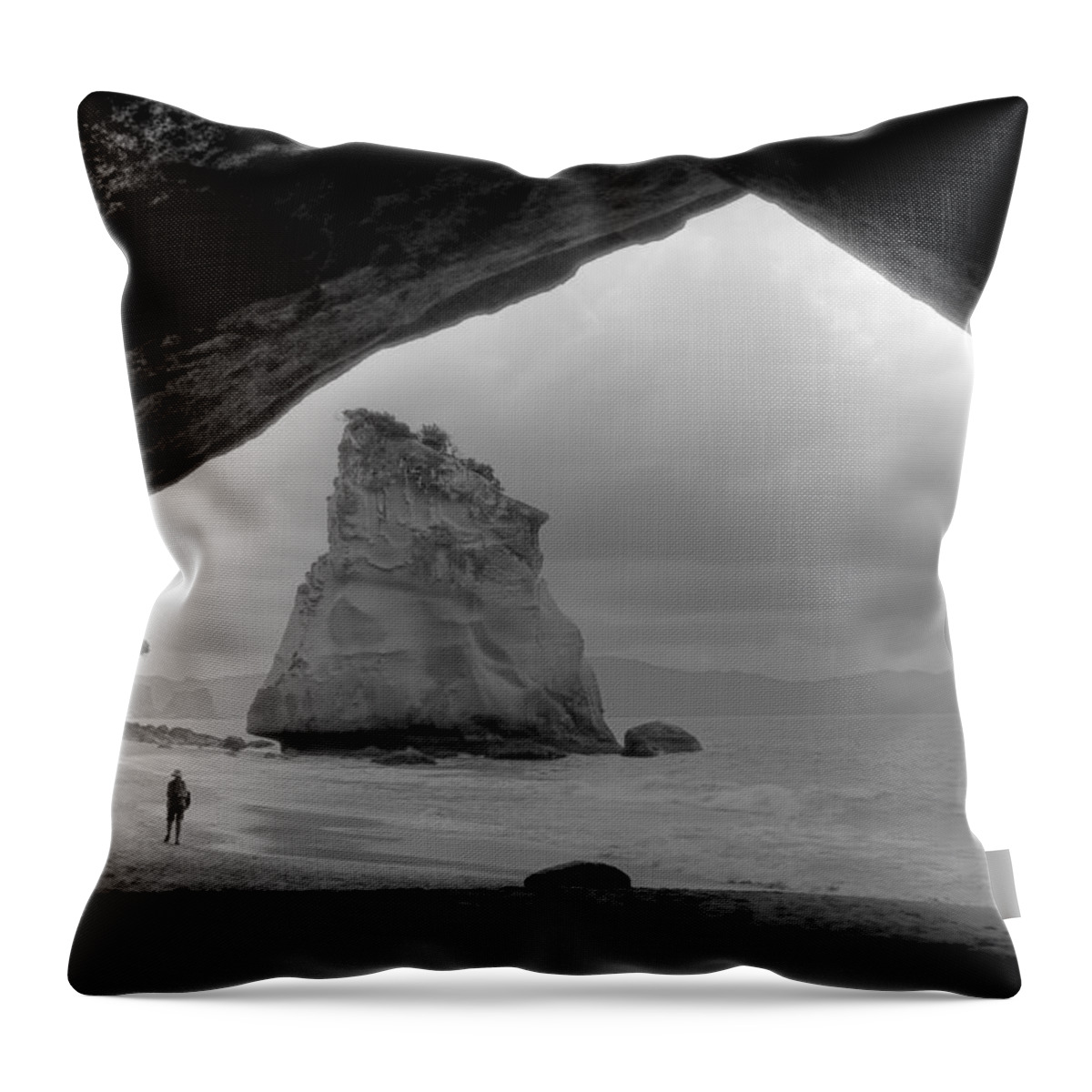 Cathedral Cove Throw Pillow featuring the photograph Cathedral Cove Monochrome by Peter Mooyman