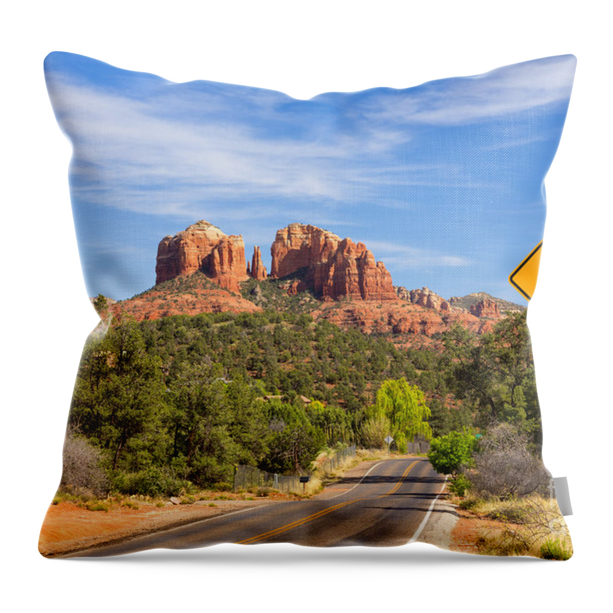 Red Rock Throw Pillow featuring the photograph Cathedral Rock and road in Sedona by Ken Brown