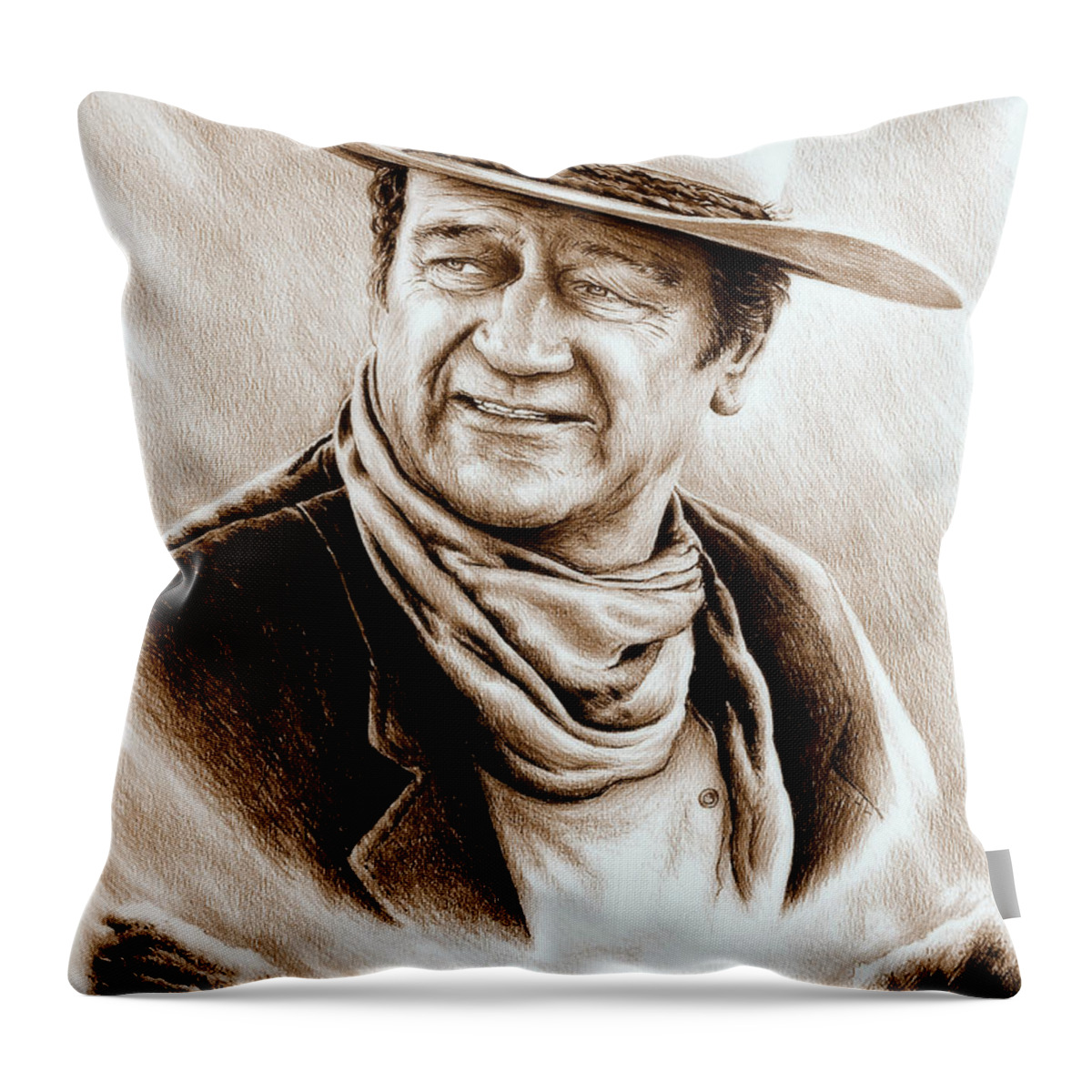 John Wayne Throw Pillow featuring the drawing Cattle Drive Sepia soft by Andrew Read