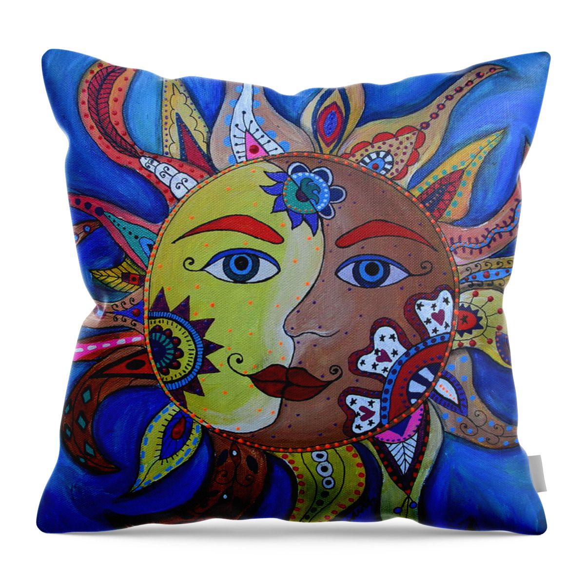 Sun And Moon Throw Pillow featuring the painting Celestial Sun And Moon by Pristine Cartera Turkus
