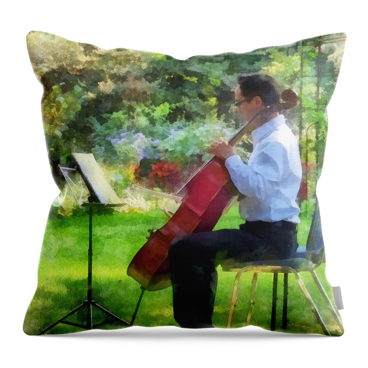 Cello Throw Pillow featuring the photograph Cellist in the Garden by Susan Savad