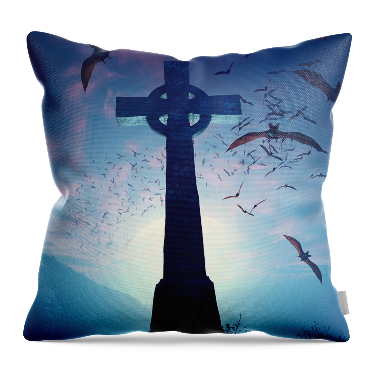 Cross Throw Pillow featuring the photograph Celtic Cross with swarm of bats by Johan Swanepoel