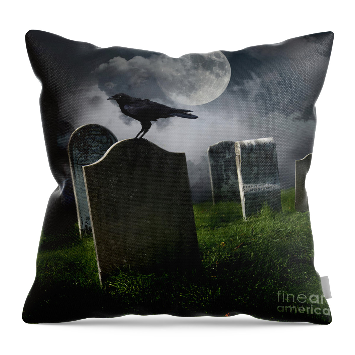 Background Throw Pillow featuring the photograph Cemetery with old gravestones and moon by Sandra Cunningham