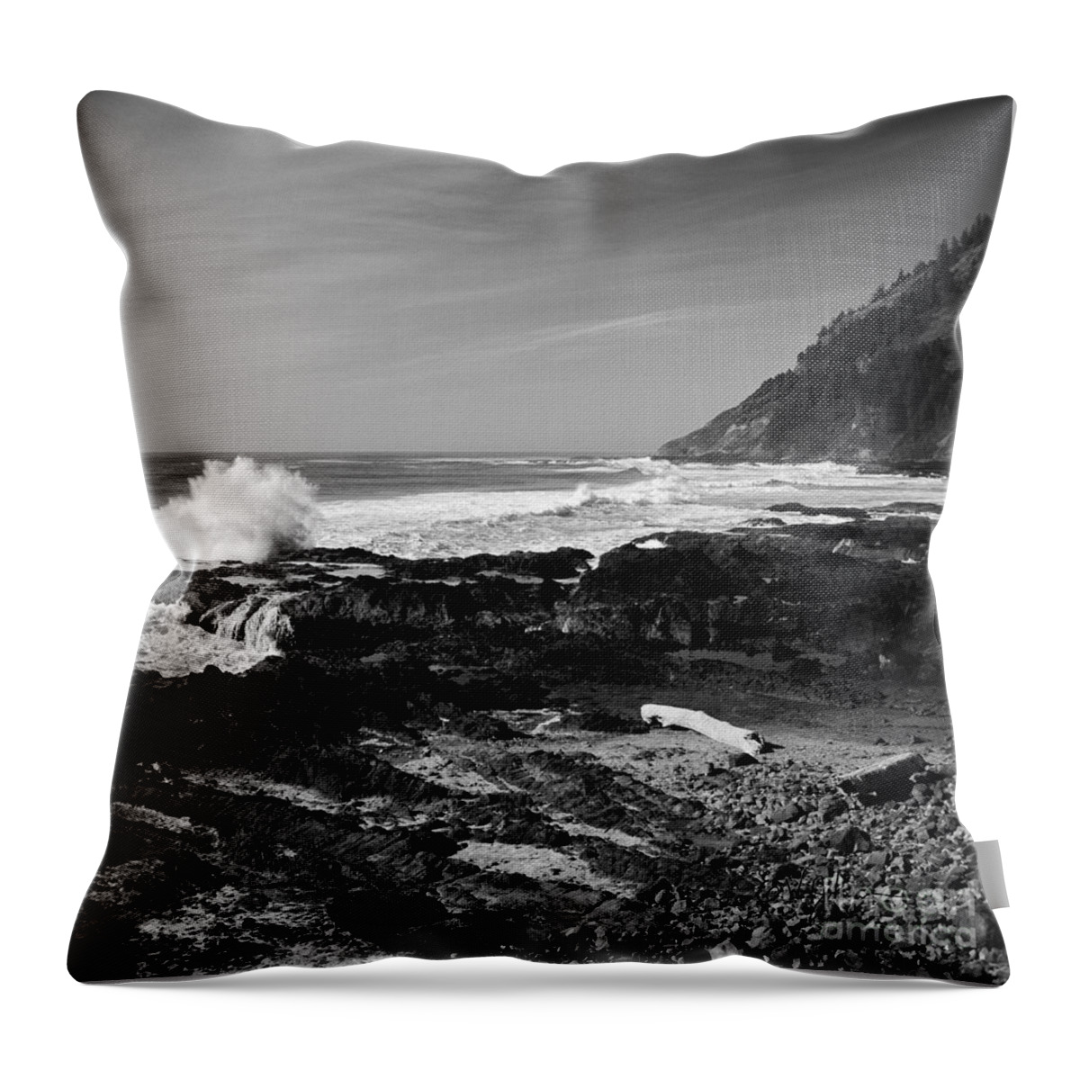 Seascape Throw Pillow featuring the photograph Central Oregon Coast BW by Earl Johnson