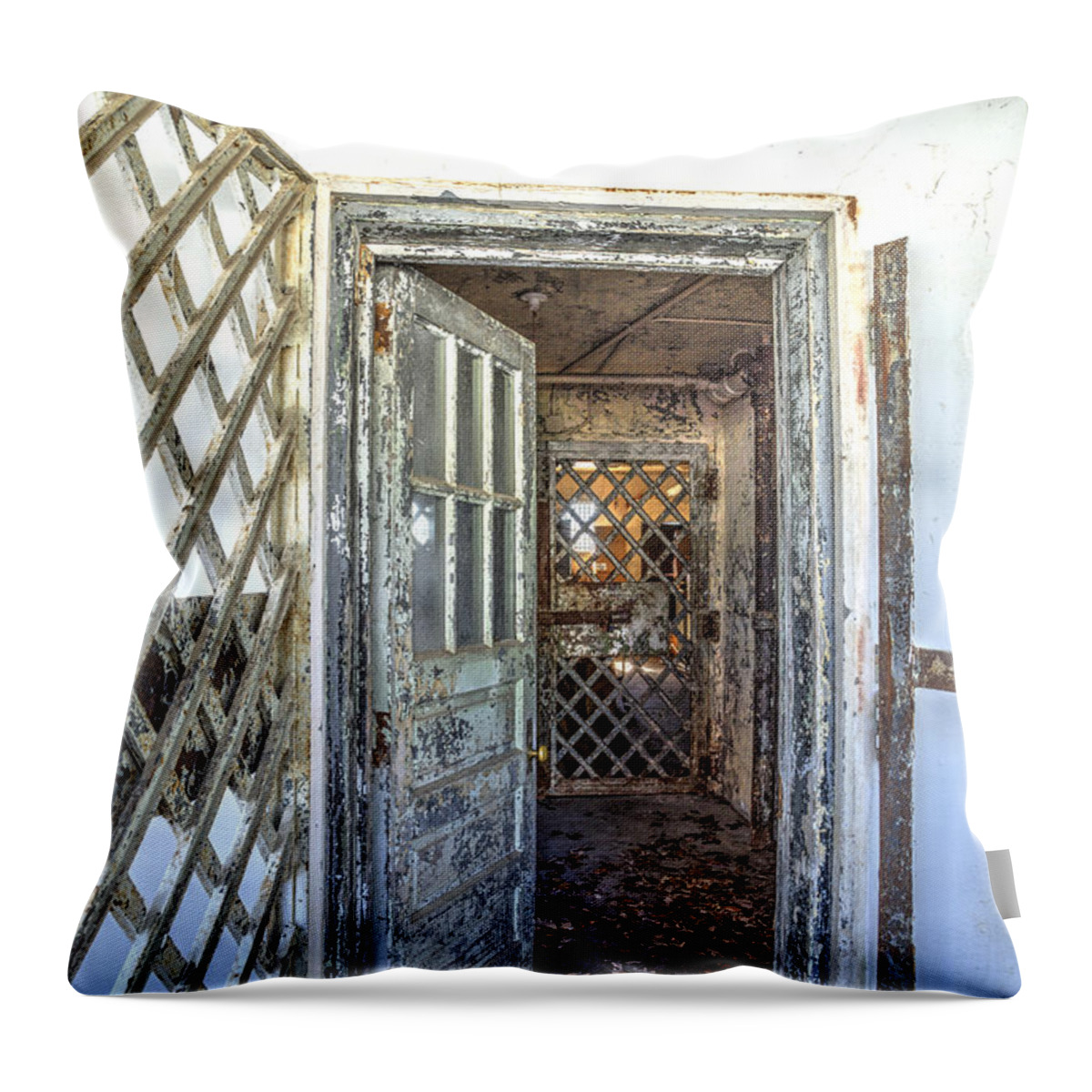 Door Throw Pillow featuring the photograph Chain Gang-1 by Charles Hite