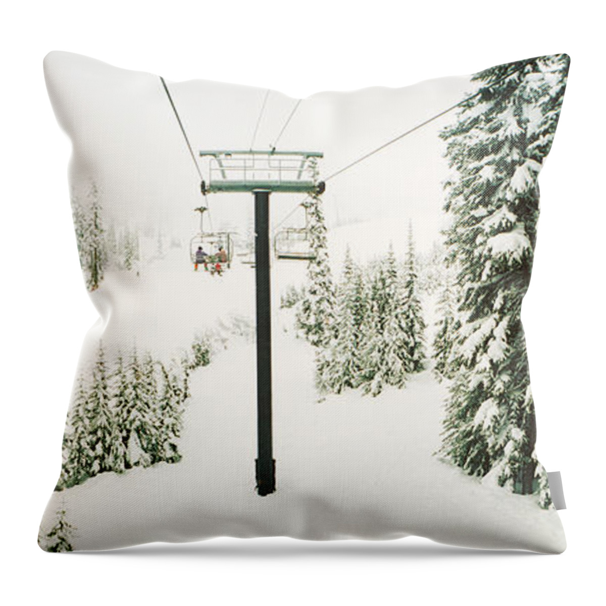 Photography Throw Pillow featuring the photograph Chair Lift And Snowy Evergreen Trees by Panoramic Images