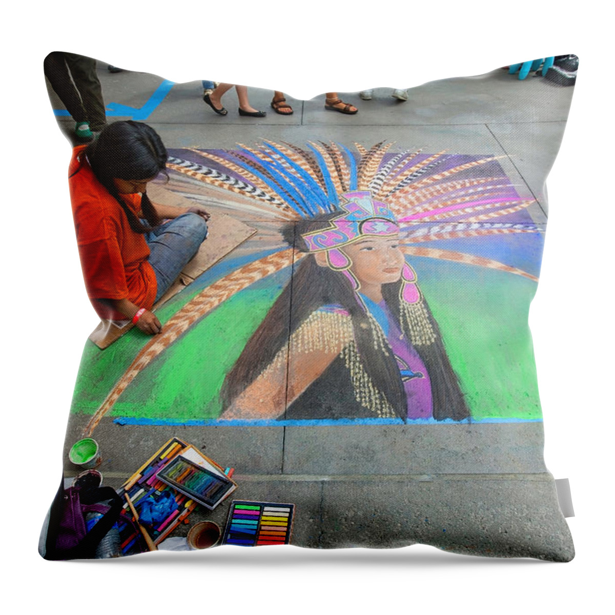 Chalk Art Festival Throw Pillow featuring the photograph Pasadena Chalk Art - Street Photography by Ram Vasudev