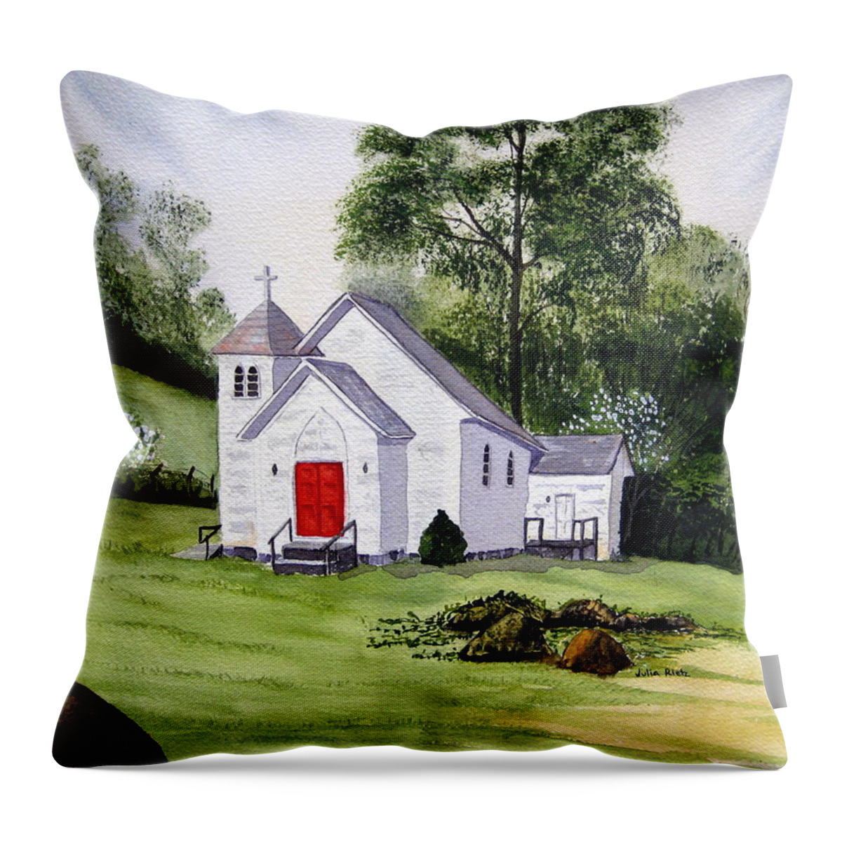 Church Throw Pillow featuring the painting Chapel in the Mounts by Julia RIETZ