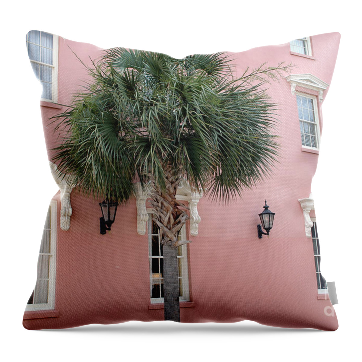 Charleston Houses Throw Pillow featuring the photograph Charleston South Carolina Pink Architecture Historical District - The Mills House by Kathy Fornal
