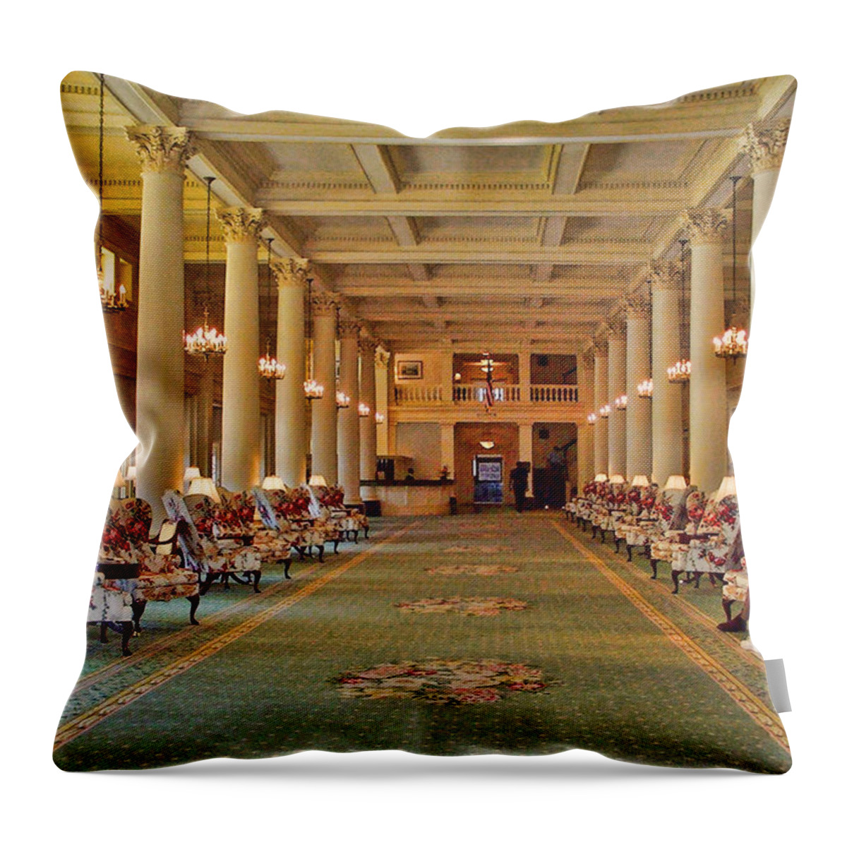 Wright Throw Pillow featuring the photograph Checkers In The Homestead Lobby by Paulette B Wright