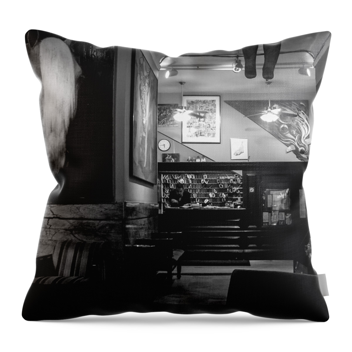 B&w Throw Pillow featuring the photograph Chelsea Hotel Night Clerk by Frank Winters