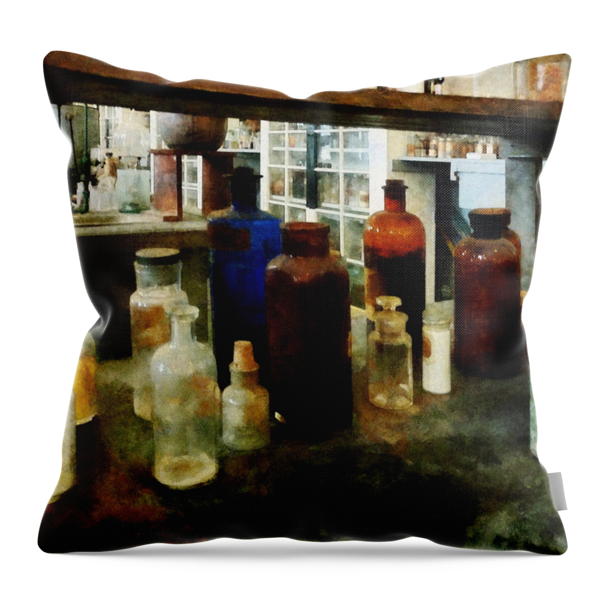 Science Throw Pillow featuring the photograph Chemistry - Assorted Chemicals in Bottles by Susan Savad