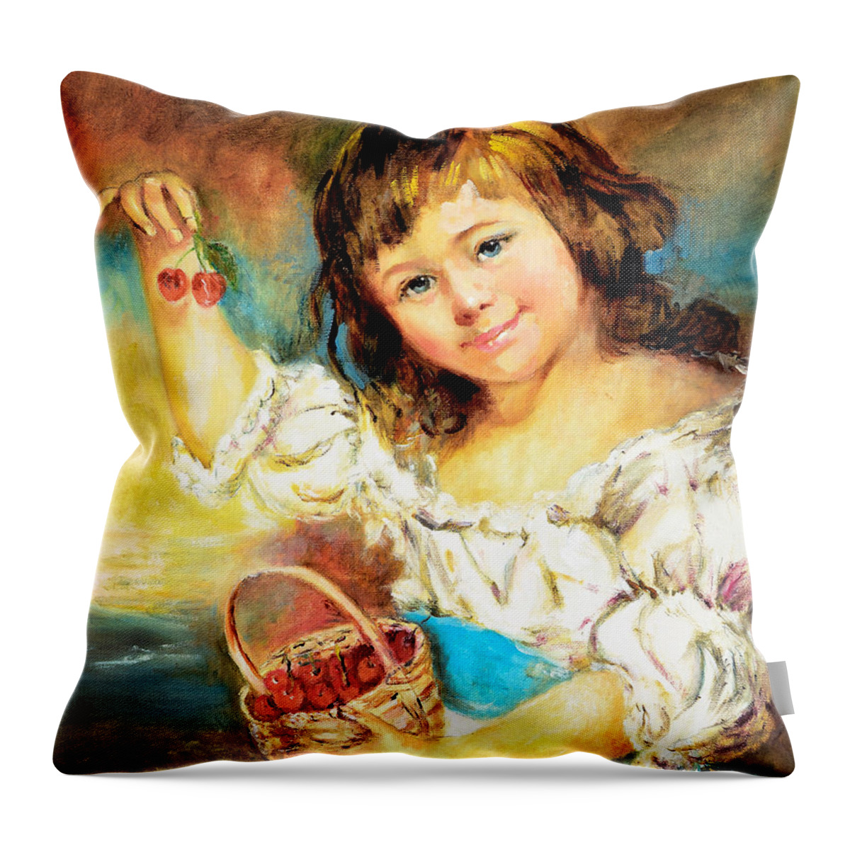 Girl Throw Pillow featuring the painting Cherry Basket girl by Sher Nasser