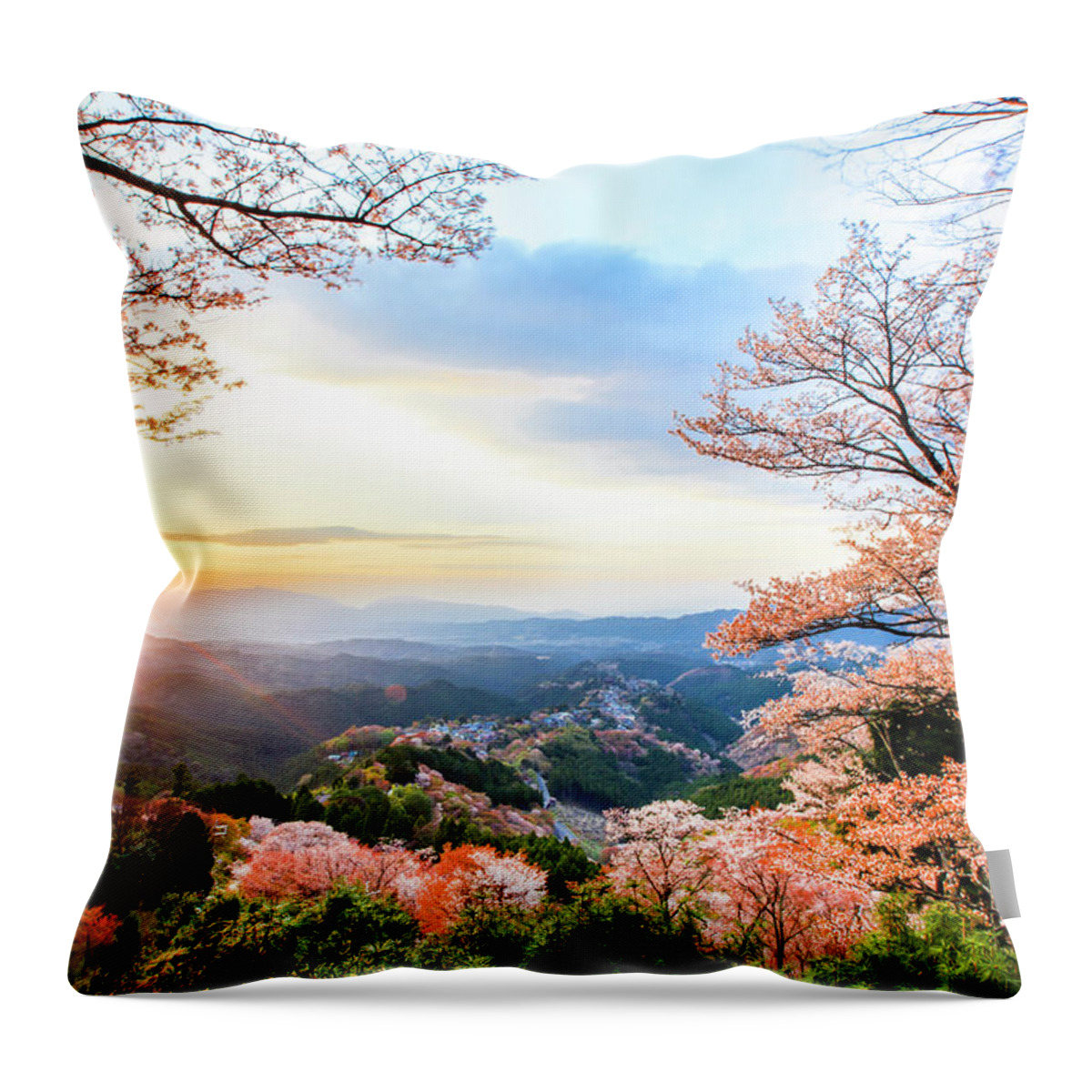 Scenics Throw Pillow featuring the photograph Cherry Blossoms At Mount Yoshino by Yeh, Yung-hung