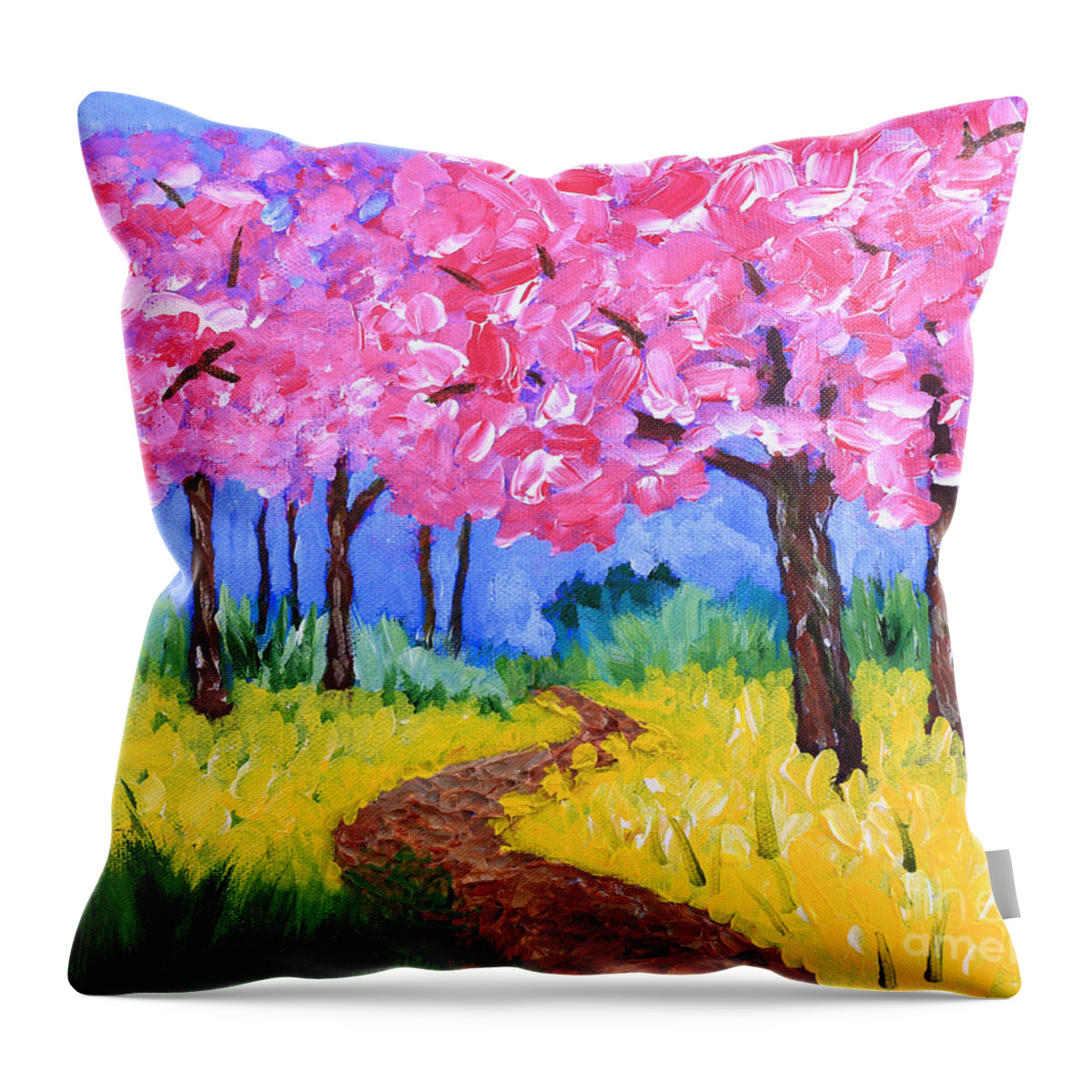 Sakura Throw Pillow featuring the painting Cherry Trees and Field Mustard After the Rain Acrylic Painting by Beverly Claire Kaiya