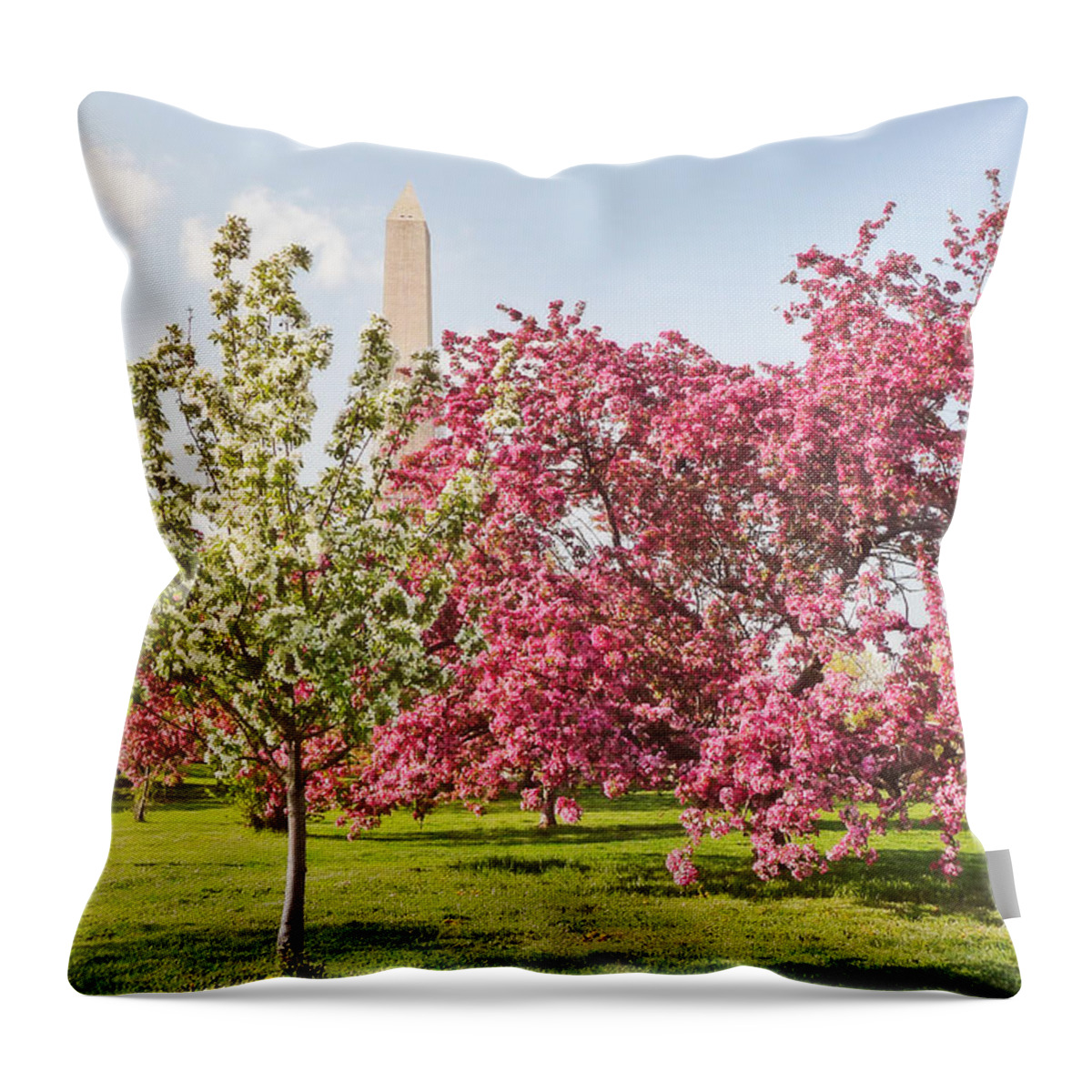 America Throw Pillow featuring the photograph Cherry Trees and Washington Monument Three by Mitchell R Grosky