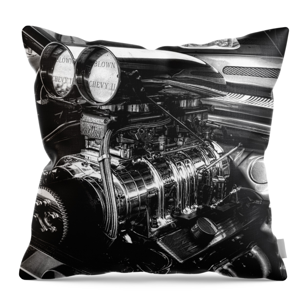 Chevy Blower Motor Throw Pillow featuring the photograph Chevy Supercharger Motor Black and White by Jonathan Davison