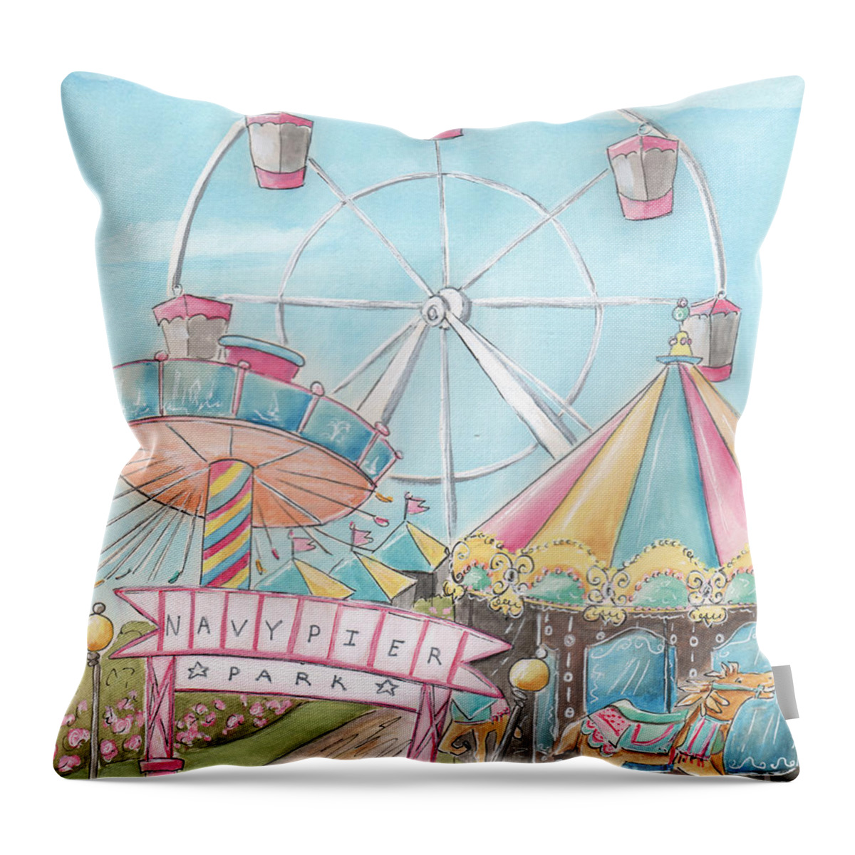 Chicago Print Throw Pillow featuring the painting Chicago Girl Navy Pier by Debbie Cerone