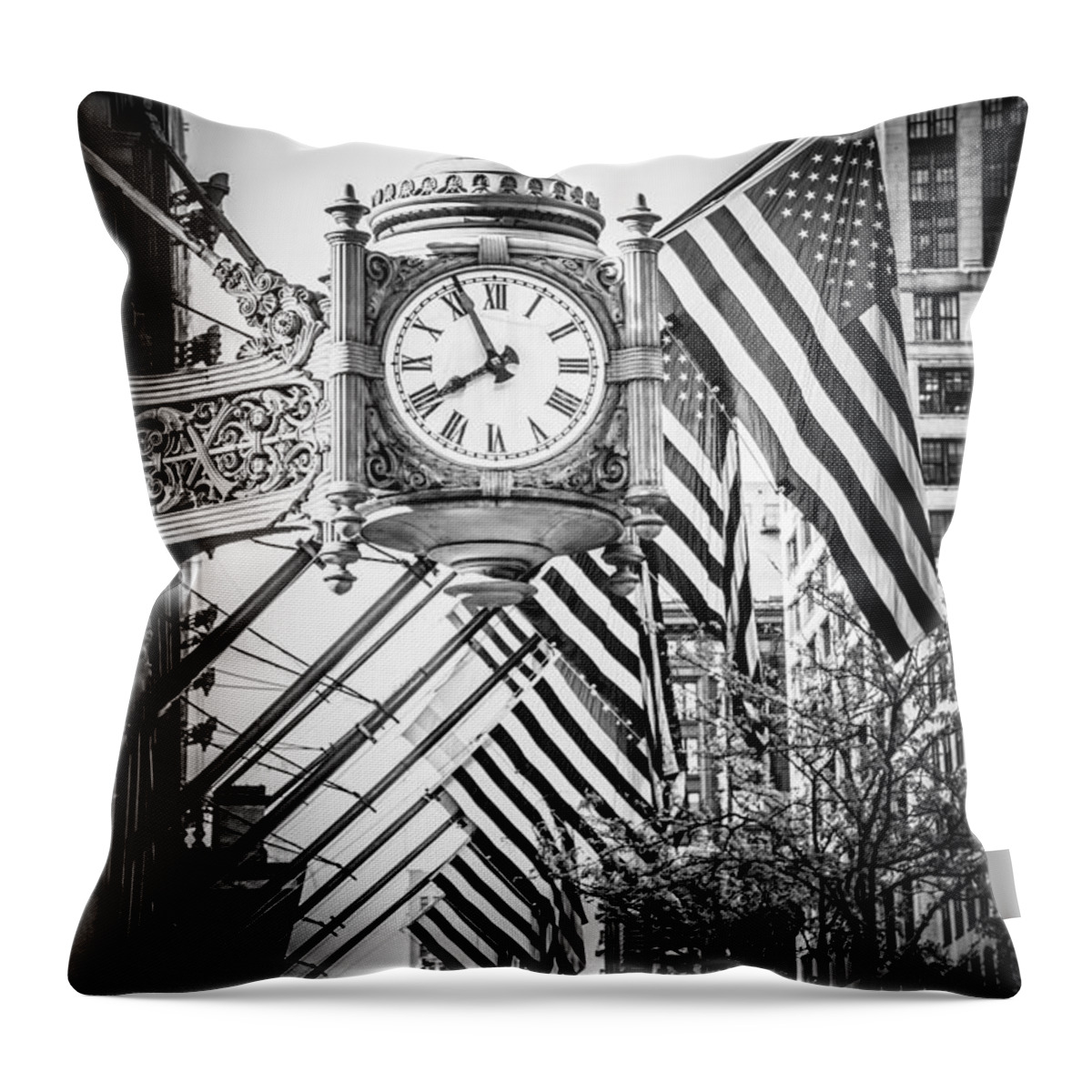America Throw Pillow featuring the photograph Chicago Macy's Clock in Black and White by Paul Velgos