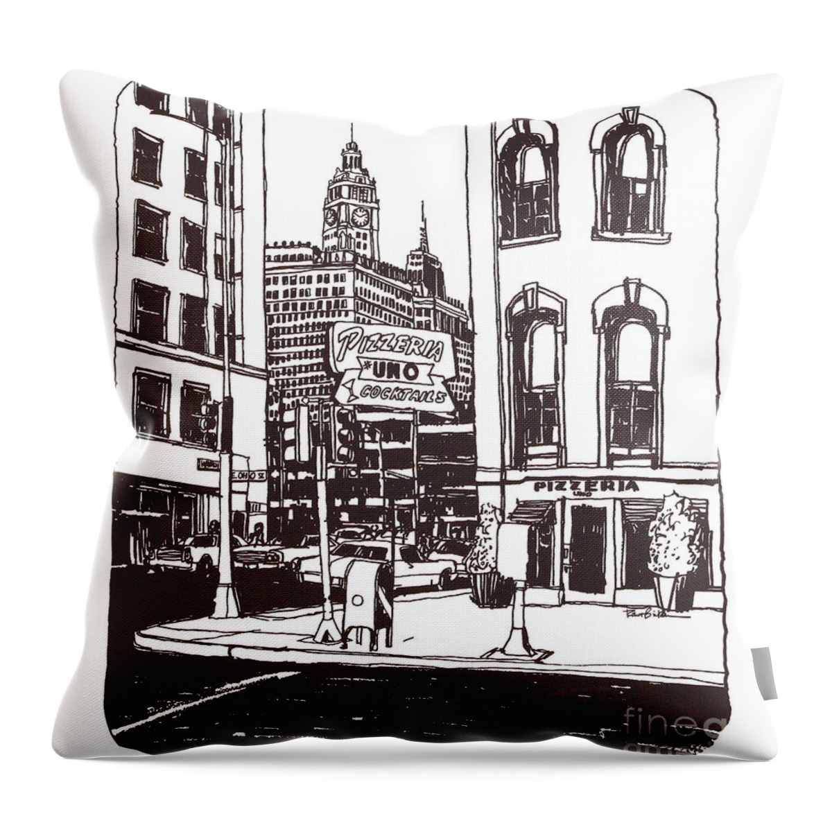 Chicago - Pizzeria Uno Original Restaurant With The Wrigley Bldg In The Background. Located At Wabash And Ohio Streets. I Hand Printed This Myself In The Early 1970's. Throw Pillow featuring the drawing Chicago Pizzeria Uno Restaurant by Robert Birkenes