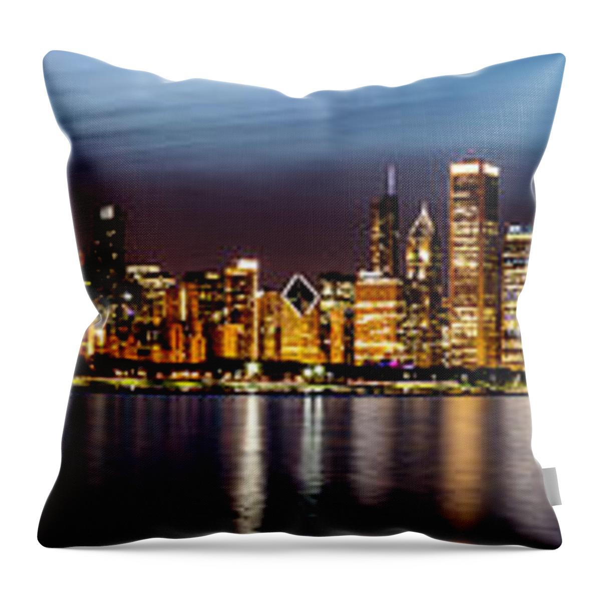 Chicago Throw Pillow featuring the photograph Chicago Skyline at Night Panoramic by Josh Bryant