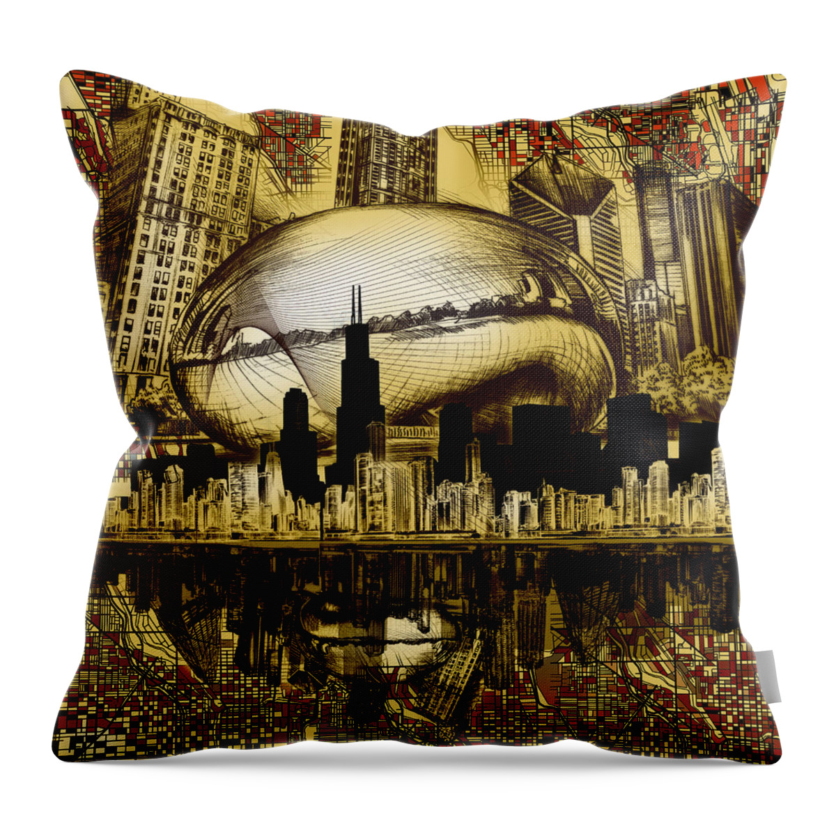 Chicago Skyline Throw Pillow featuring the digital art Chicago Skyline Drawing Collage 3 by Bekim M