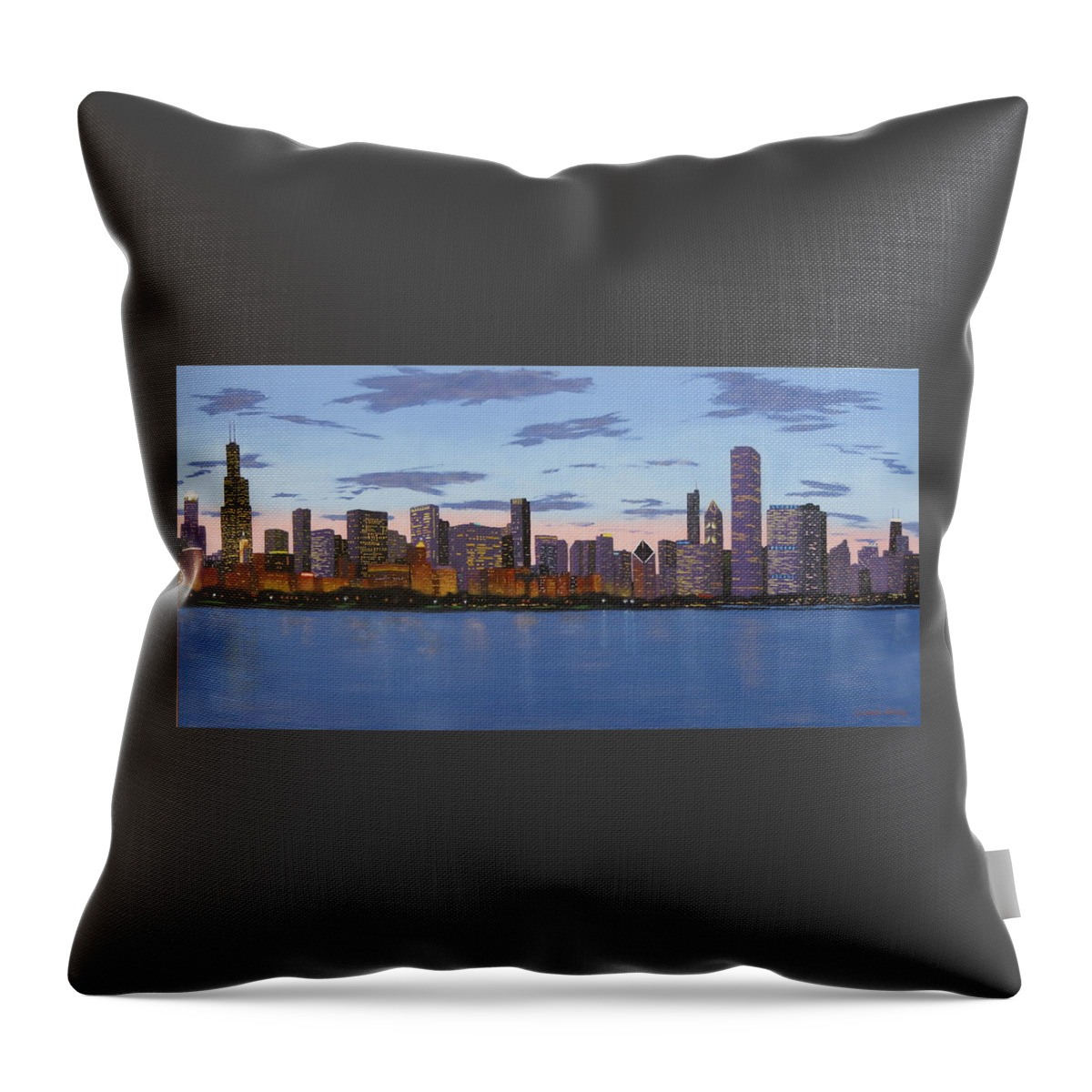 Chicago Paintings Throw Pillow featuring the painting Chicago Skyline -- Evening Approaches by J Loren Reedy