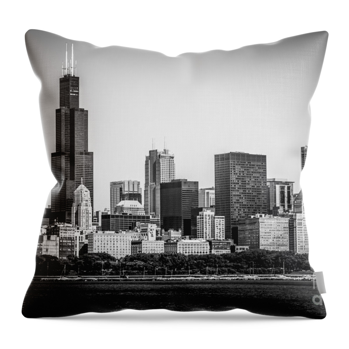 2010 Throw Pillow featuring the photograph Chicago Skyline with Sears Tower in Black and White by Paul Velgos