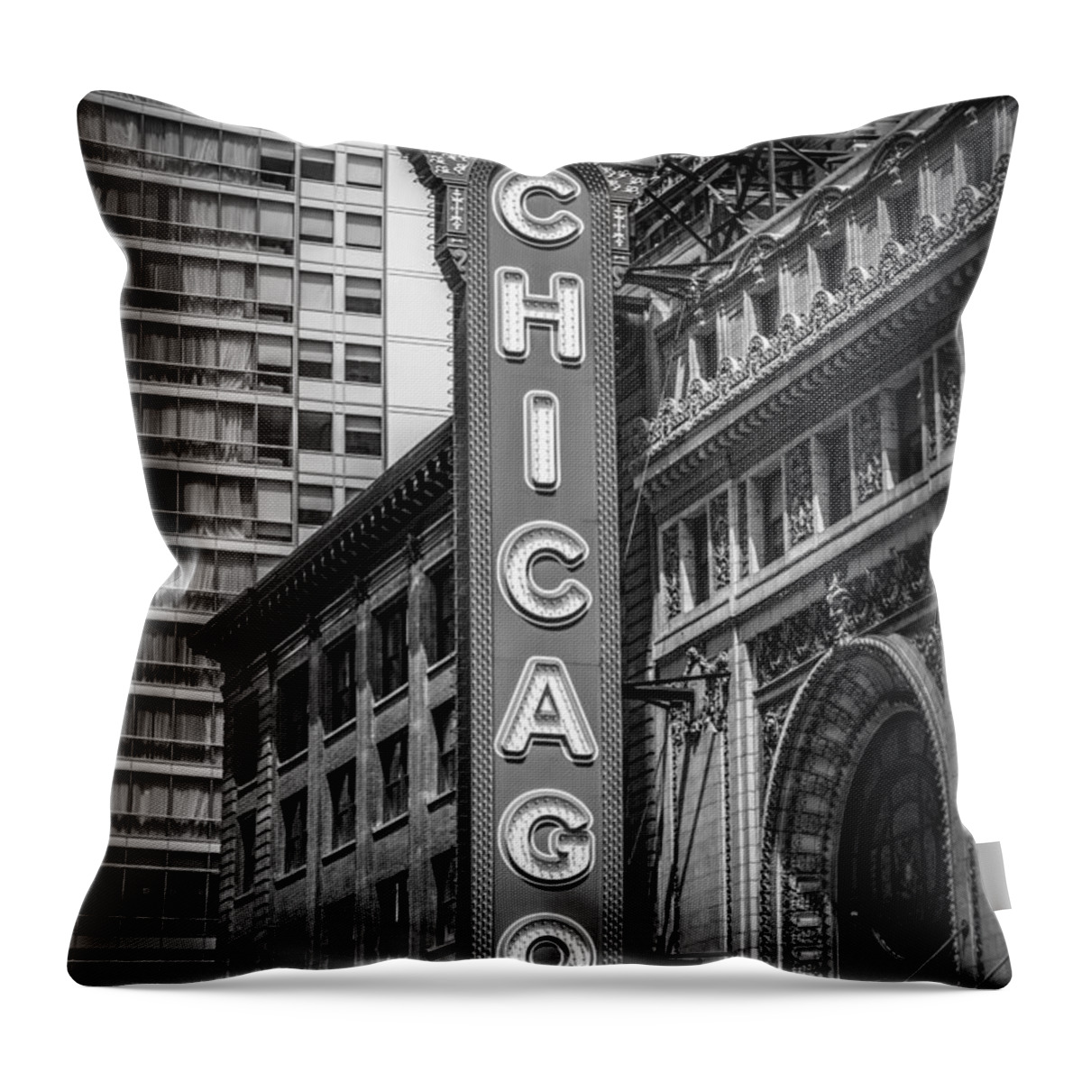 America Throw Pillow featuring the photograph Chicago Theater Sign in Black and White by Paul Velgos