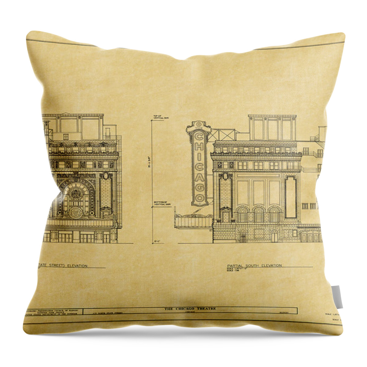 Chicago Theatre Throw Pillow featuring the photograph Chicago Theatre Blueprint 2 by Andrew Fare