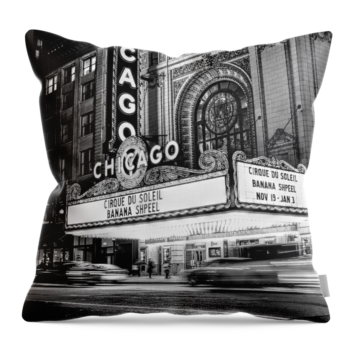 Chicago Throw Pillow featuring the photograph Chicago Theatre Marquee Sign at Night Black and White by Christopher Arndt