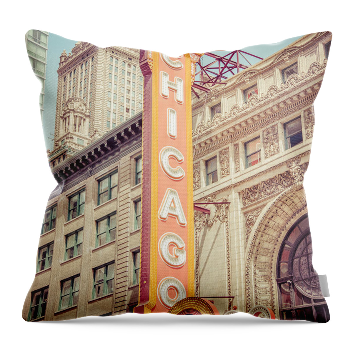 America Throw Pillow featuring the photograph Chicago Theatre Retro Vintage Picture by Paul Velgos