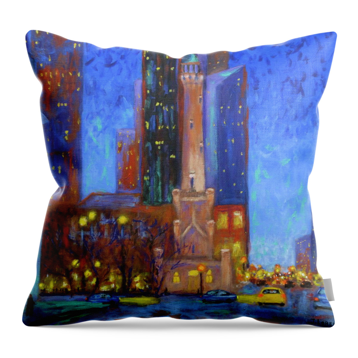 Chicago Water Tower Painting Throw Pillow featuring the painting Chicago Water Tower at Night by J Loren Reedy