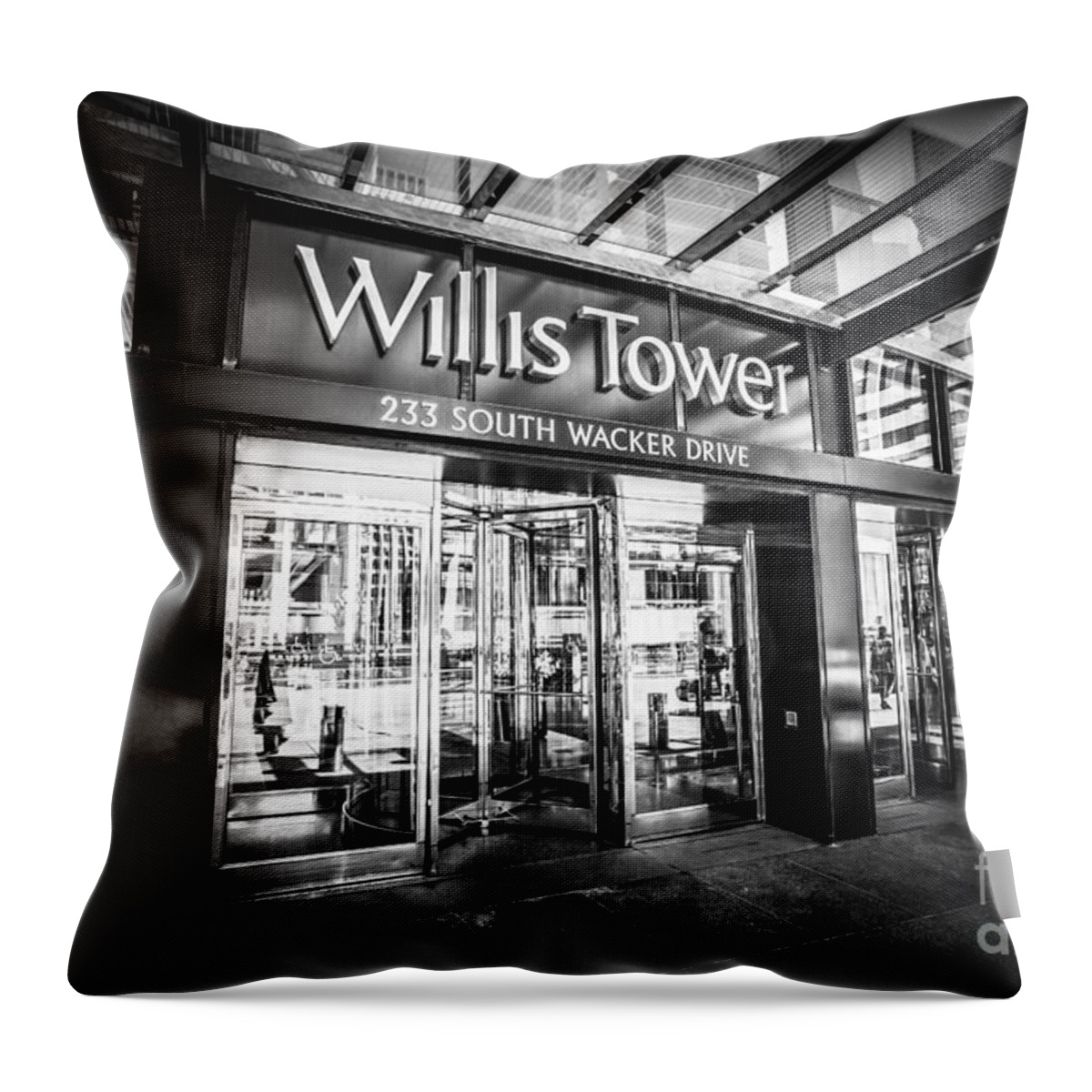 America Throw Pillow featuring the photograph Chicago Willis-Sears Tower Sign in Black and White by Paul Velgos