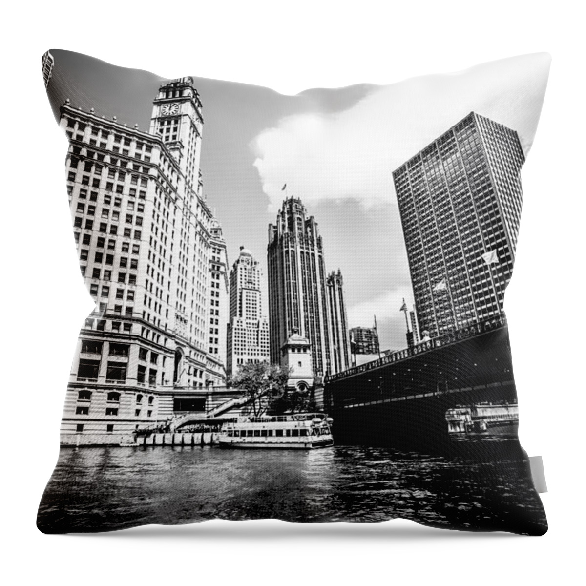 America Throw Pillow featuring the photograph Chicago Wrigley Tribune Equitable Buildings Black and White Phot by Paul Velgos