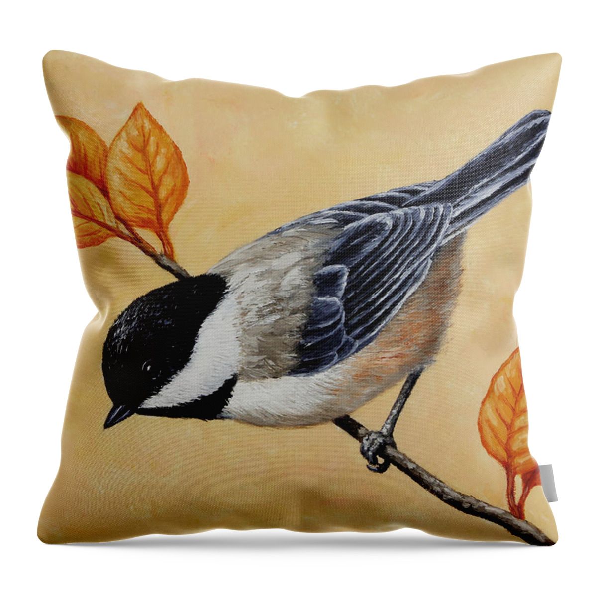 Bird Throw Pillow featuring the painting Chickadee and Autumn Leaves by Crista Forest