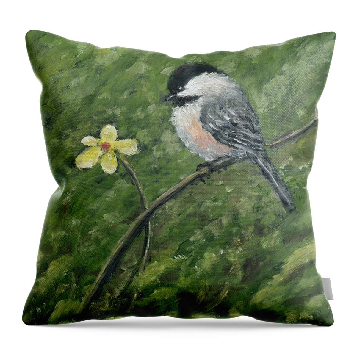Chickadee Throw Pillow featuring the painting Chickadee and Yellow Flower by Kathleen McDermott
