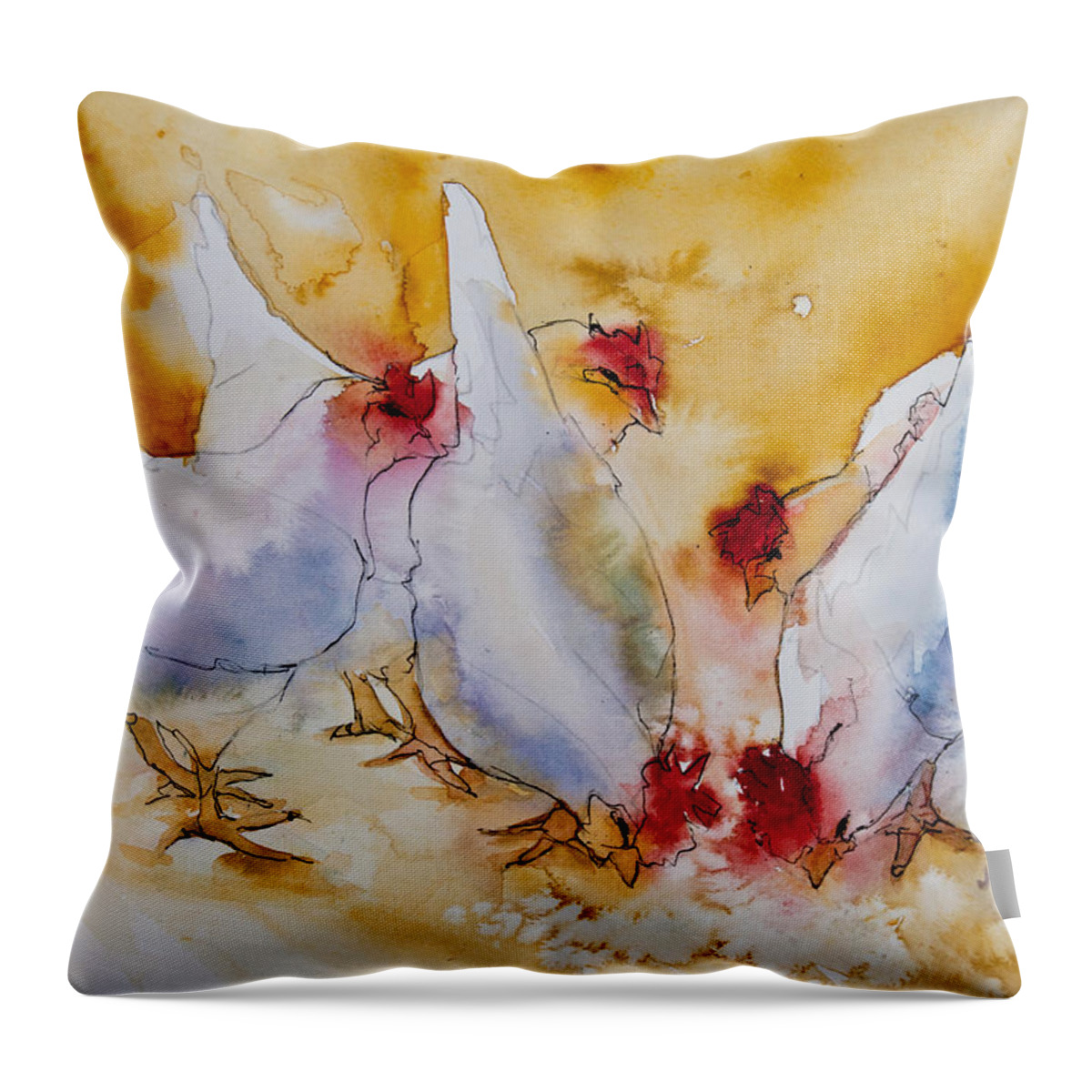 Chickens Throw Pillow featuring the painting Chickens Feed by Jani Freimann