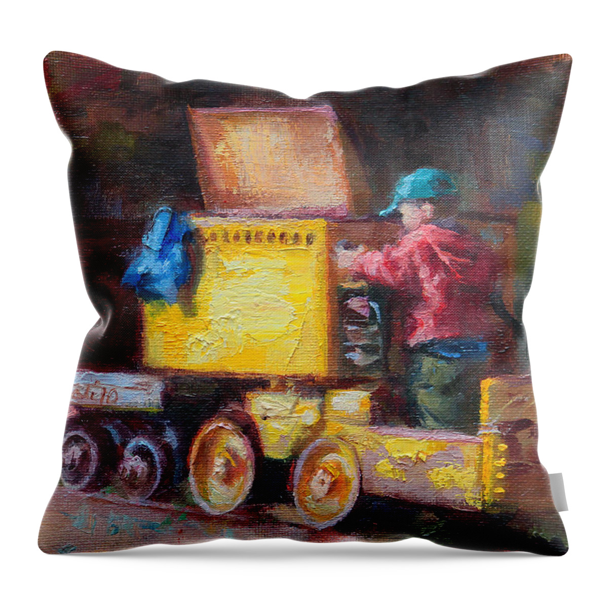 Impressionist Throw Pillow featuring the painting Child's Play - gold mine train by Talya Johnson