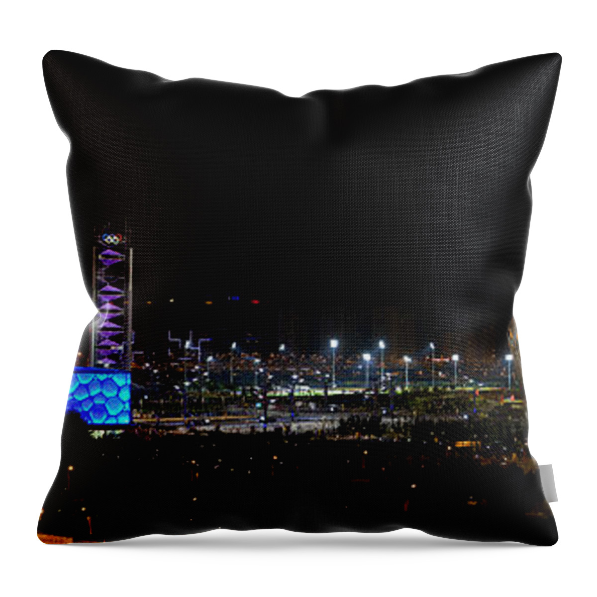 Beijing 2008 China Beijing Panorama Water Cube And Birds Nest Throw Pillow featuring the photograph China Beijing Panorama Water Cube and Birds Nest Stadiums by Andy Myatt