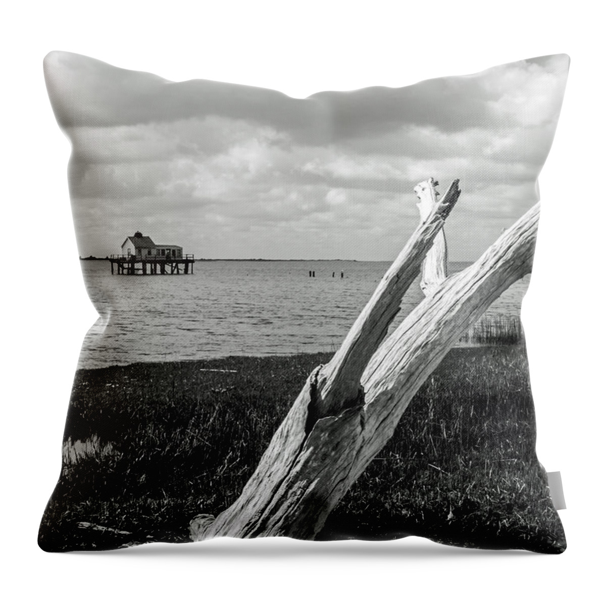 Assateague Throw Pillow featuring the photograph Chincoteague Oystershack BW Vertical by Photographic Arts And Design Studio