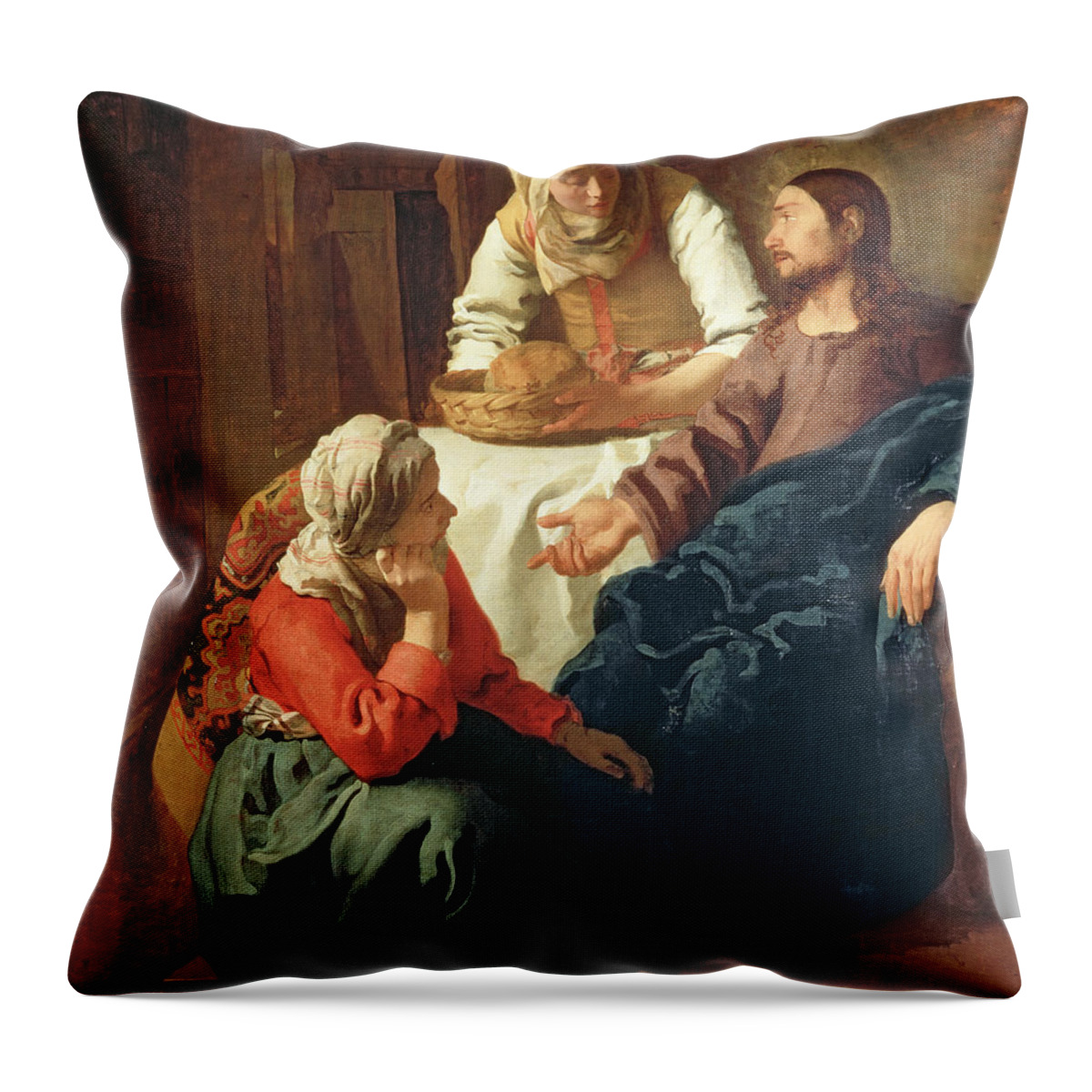 Vermeer Throw Pillow featuring the painting Christ In The House Of Martha And Mary by Jan Vermeer