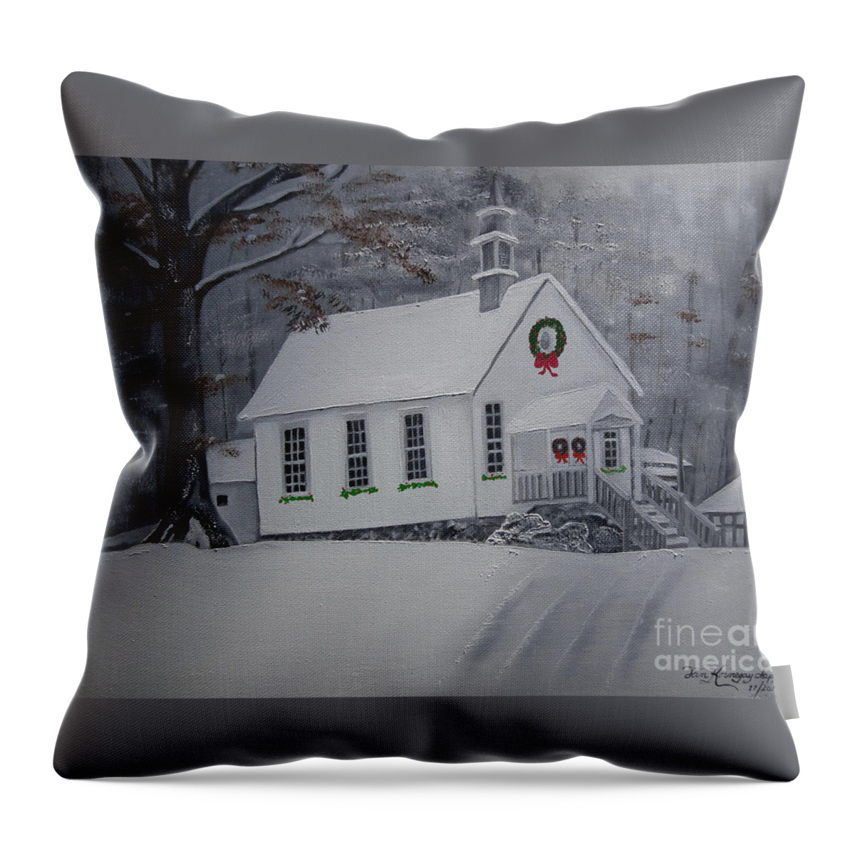 Christmas Throw Pillow featuring the painting Christmas Card - Snow - Gates Chapel by Jan Dappen