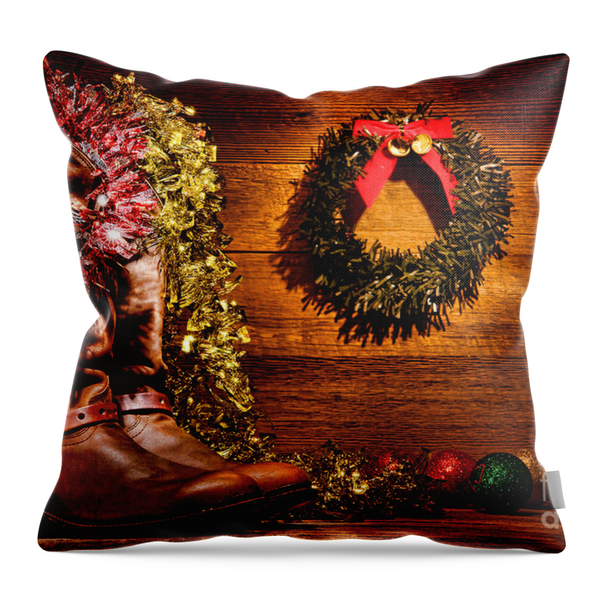 Christmas Throw Pillow featuring the photograph Christmas Cowboy Boots by Olivier Le Queinec